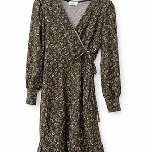 Kaileigh Floral Wrap Dress XL Olive Long Sleeve Ruffle Hem